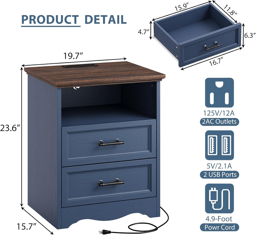 YANSNWO Blue Nightstand with Charging Station, Farmhouse End Table with 2 Drawers, Bedside Table with Space-Saving Storage Cabinet, Unique Base Design for Bedroom, Living Room