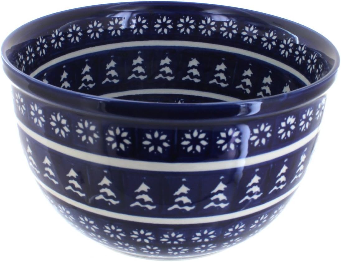 Blue Rose Polish Pottery - Blue Winter Nights Medium Mixing Bowl - 8 Cup Capacity - Ceramic Holiday Bowl, Festive Winter Design for Baking, Mixing & Christmas Serving