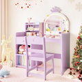 Garvee Kids Vanity with Lights, 2 in 1 Princess Makeup Vanity Desk Toddler Vanity Table & Chair Set with Open Bookshelf, Storage Cabinet & Shelves for Little Girls, Purple