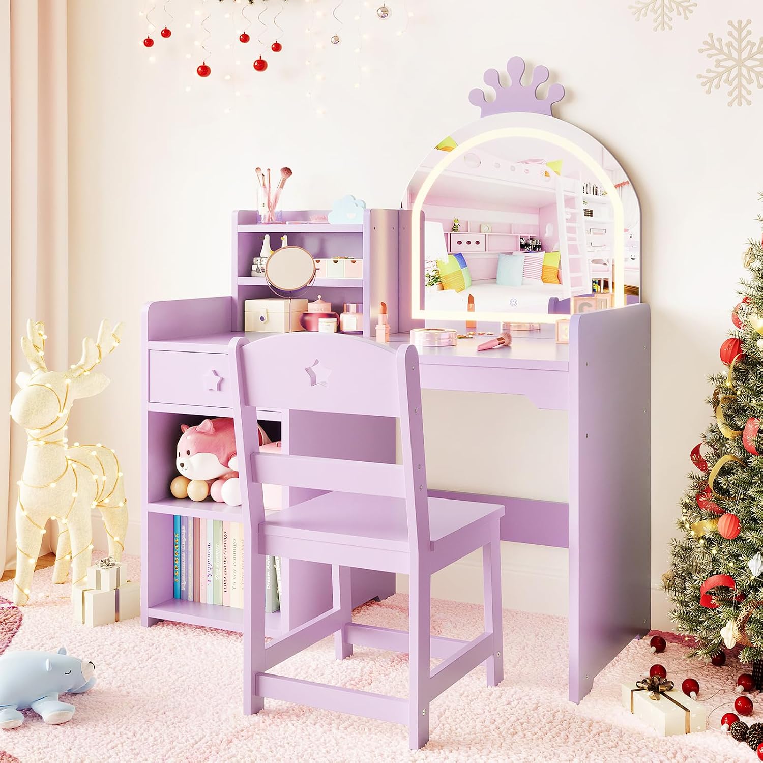 Garvee Kids Vanity with Lights, 2 in 1 Princess Makeup Vanity Desk Toddler Vanity Table & Chair Set with Open Bookshelf, Storage Cabinet & Shelves for Little Girls, Purple