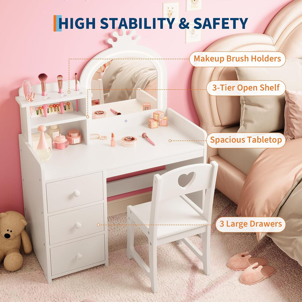 Garvee Kids Vanity with Lights, 2 in-1 Wooden Toddler Vanity Table with Stool & Drawer,Princess Pretend Play Makeup Vanity Princess Makeup Desk Dressing Table for Little Girls,Christmas Birthday Gift