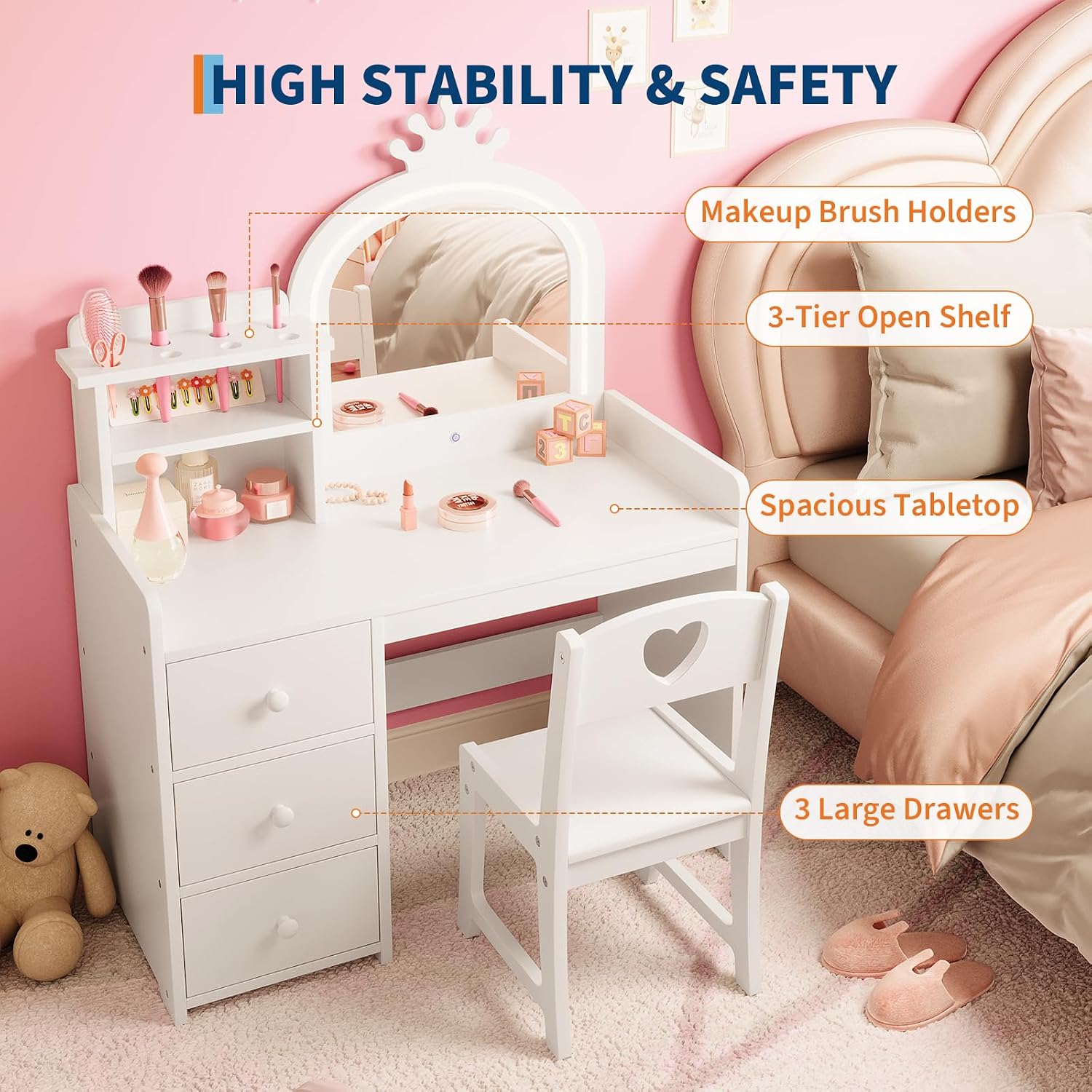 Garvee Kids Vanity with Lights, 2 in-1 Wooden Toddler Vanity Table with Stool & Drawer,Princess Pretend Play Makeup Vanity Princess Makeup Desk Dressing Table for Little Girls,Christmas Birthday Gift