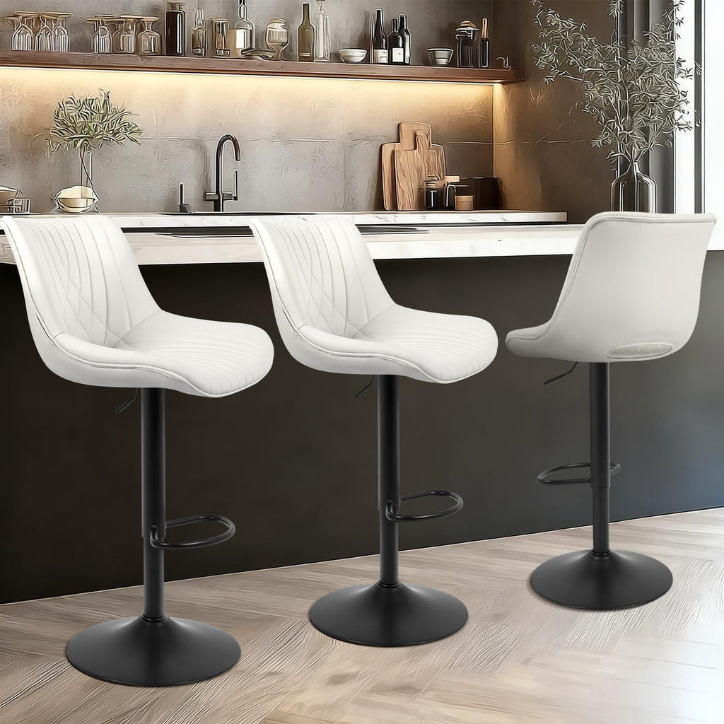 Swivel Bar Stools Set of 2, Height Adjustable Counter Height Bar Stools with Open Back and Footrest, Premium Faux PU Leather, Modern Upholstered Bar Chairs for Kitchen Island/Bar/Counter, White