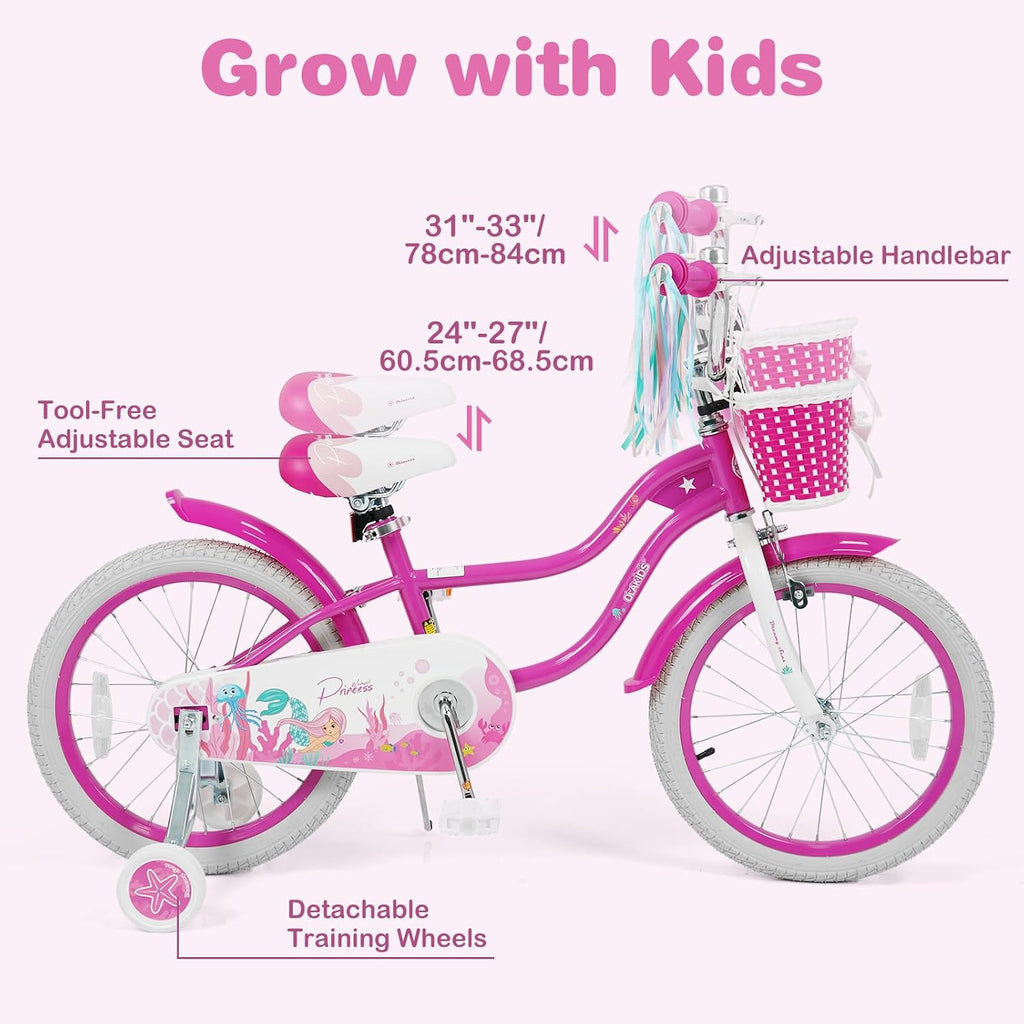 Olakids Kids Bike, 12 14 16 18 20 Inch Mermaid Theme Girls Bicycle with Training Wheels Basket Adjustable Seat and Handlebar Dual Brake