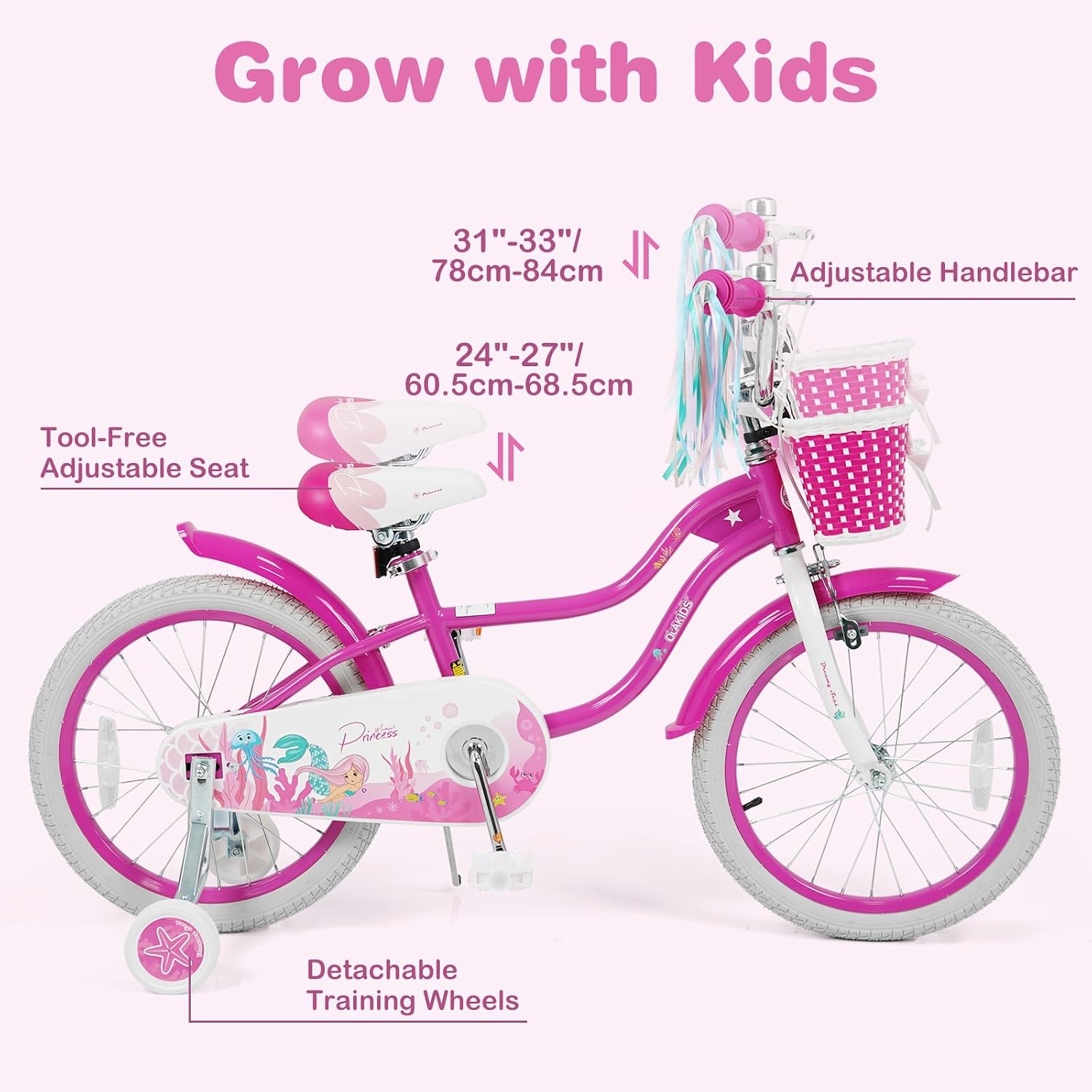 Olakids Kids Bike, 12 14 16 18 20 Inch Mermaid Theme Girls Bicycle with Training Wheels Basket Adjustable Seat and Handlebar Dual Brake