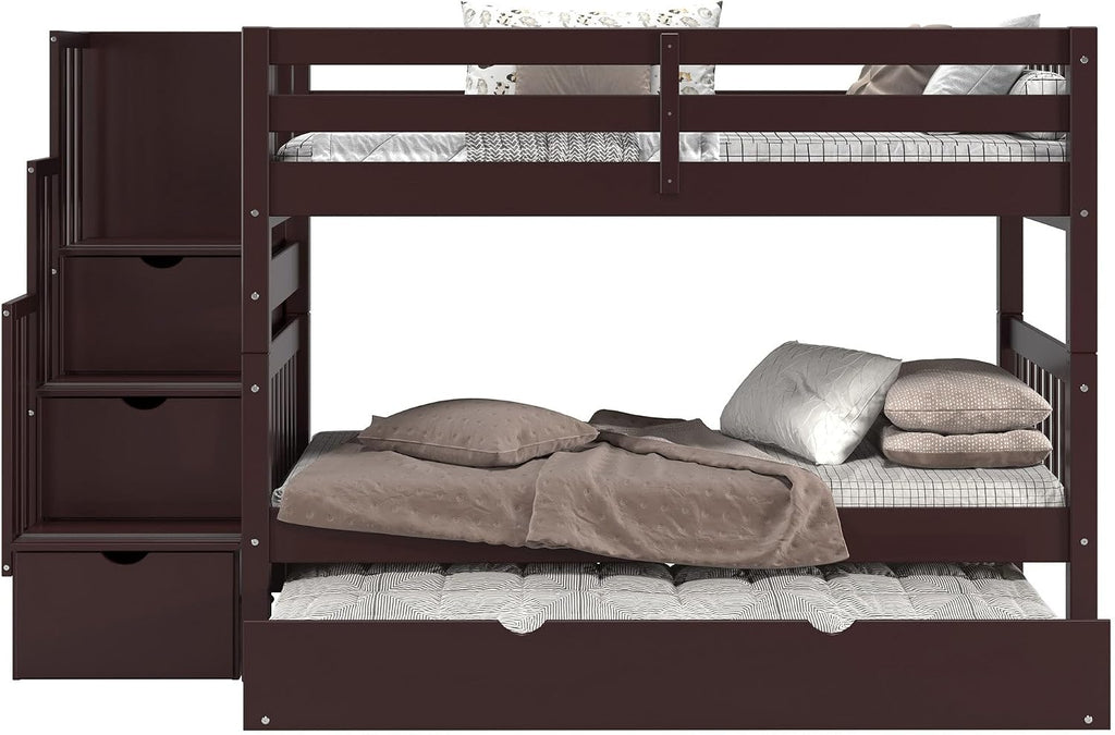 Bedz King Stairway Bunk Beds Twin Over Twin, 3 Step Drawers and a Twin Trundle, Dark Cherry
