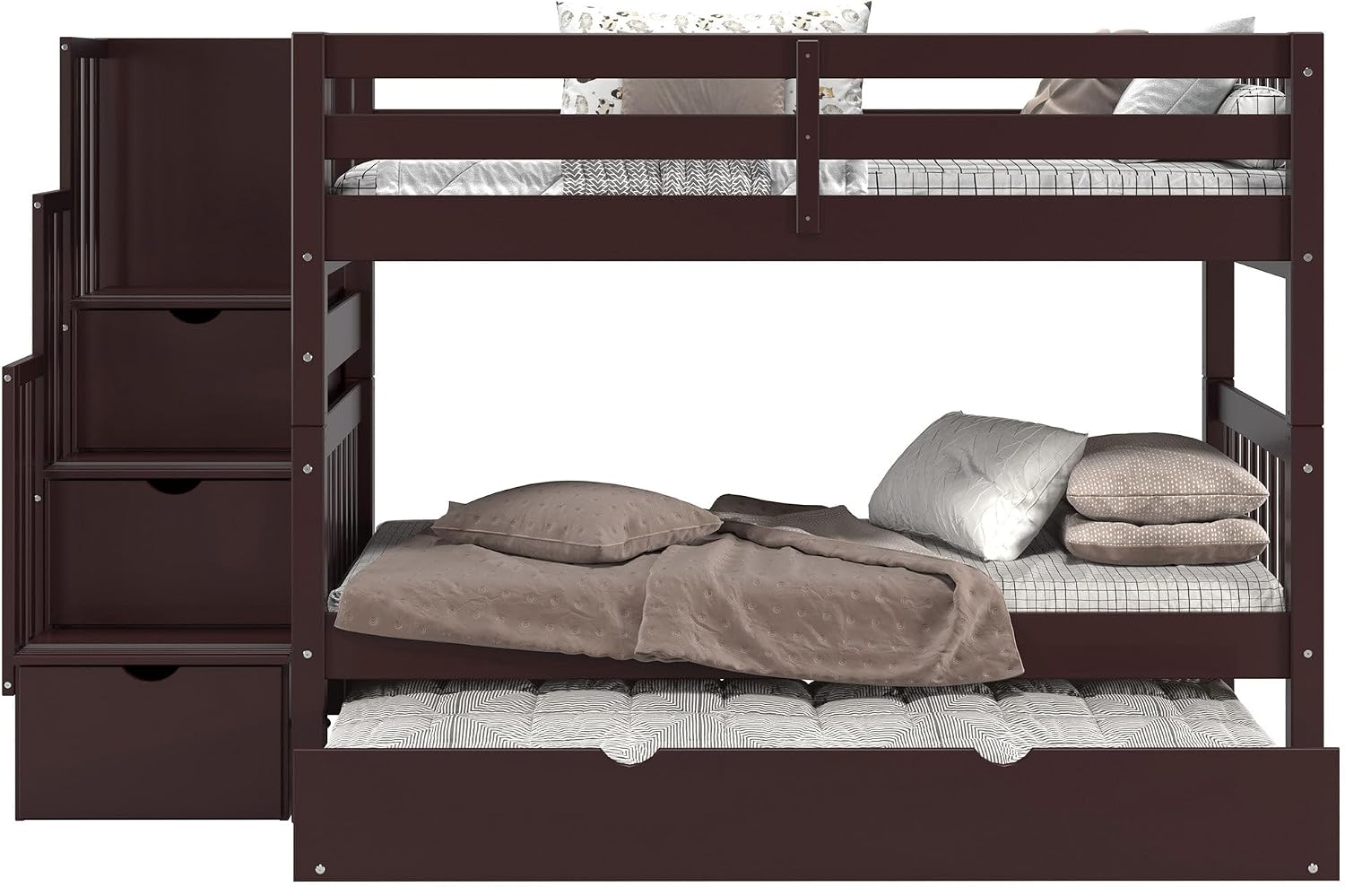 Bedz King Stairway Bunk Beds Twin Over Twin, 3 Step Drawers and a Twin Trundle, Dark Cherry