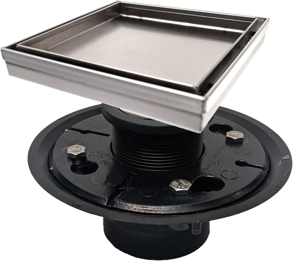 SereneDrains 304 Stainless Steel Tile in Square Brushed Nickel Shower Drain Kit with Drain Base Hair Catcher Strainer Grate Cover Bathroom Floor Insert (ABS Plastic, 6 Inch)