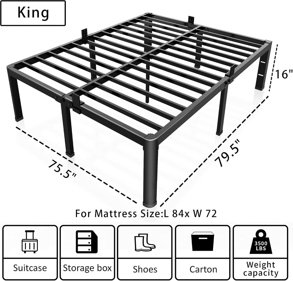 ROIL 16 Inch King Bed Frame with Rounded Corner and Headboard Hole Mattress Retainers 3500LBS Metal Heavy Duty Steel Slats No Box Spring Needed Platform Noise-Free Easy Assembly