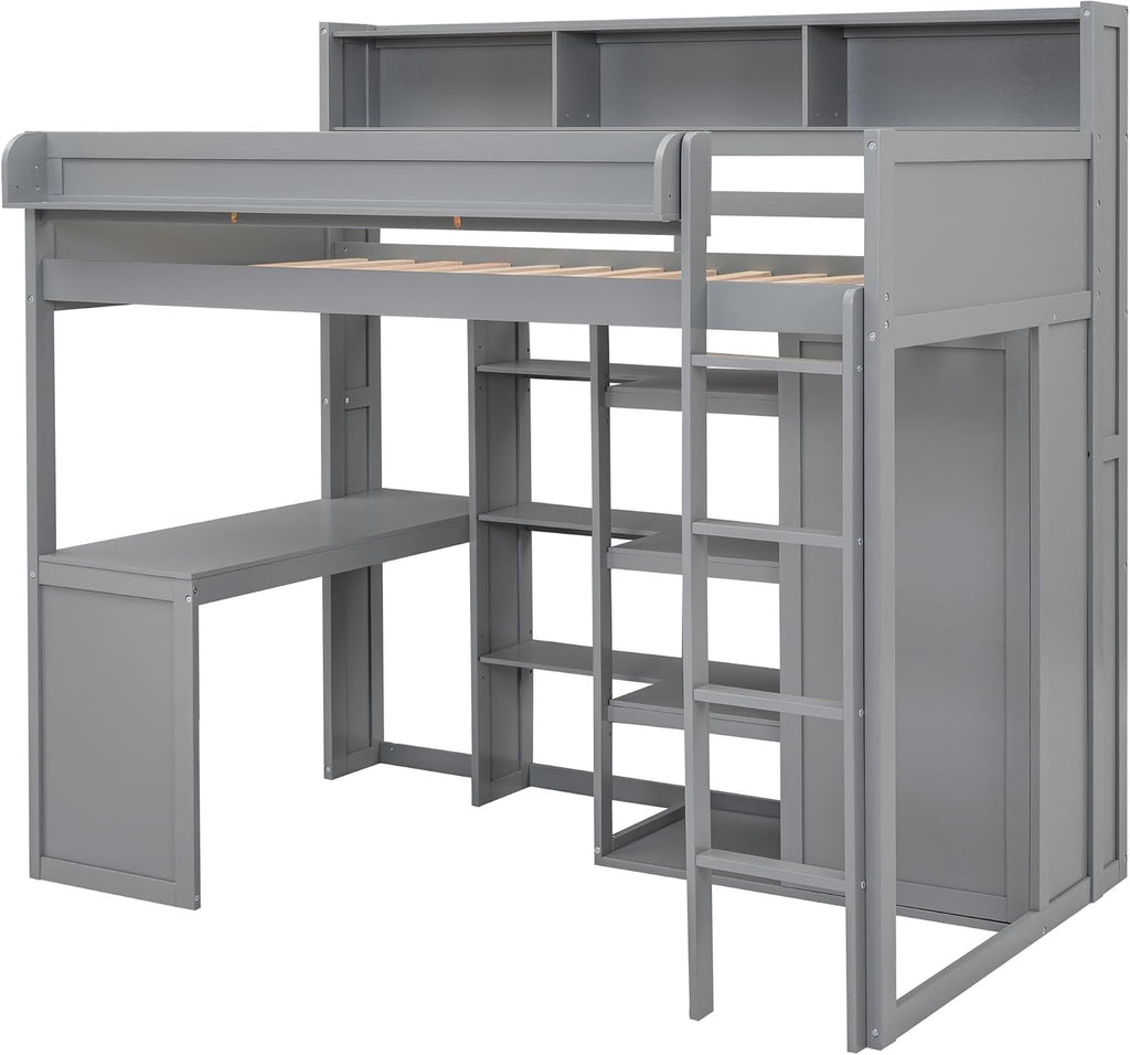 Wood Twin Size Loft Bed with Storage Shelves and Wardrobe,Bedroom Multifunctional Bed Frame w/Integrated Ladder/Full-Length Guardrails/3 Cabinets,for Kid Boy Girl Teen,Grey