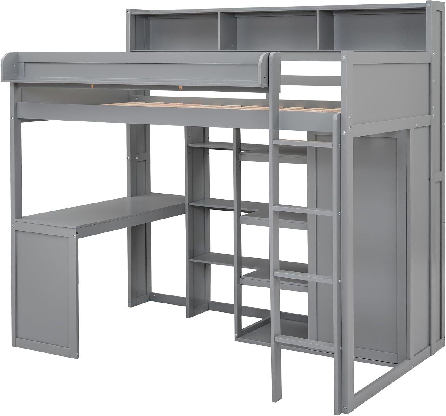 Wood Twin Size Loft Bed with Storage Shelves and Wardrobe,Bedroom Multifunctional Bed Frame w/Integrated Ladder/Full-Length Guardrails/3 Cabinets,for Kid Boy Girl Teen,Grey