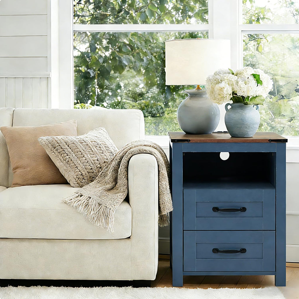 Farmhouse Night Stand Set of 2, Rustic Blue Nightstand for Bedroom, End Tables with Charging Station, Bedside Table with Drawers, Wood Bedside Cabinet Dresser
