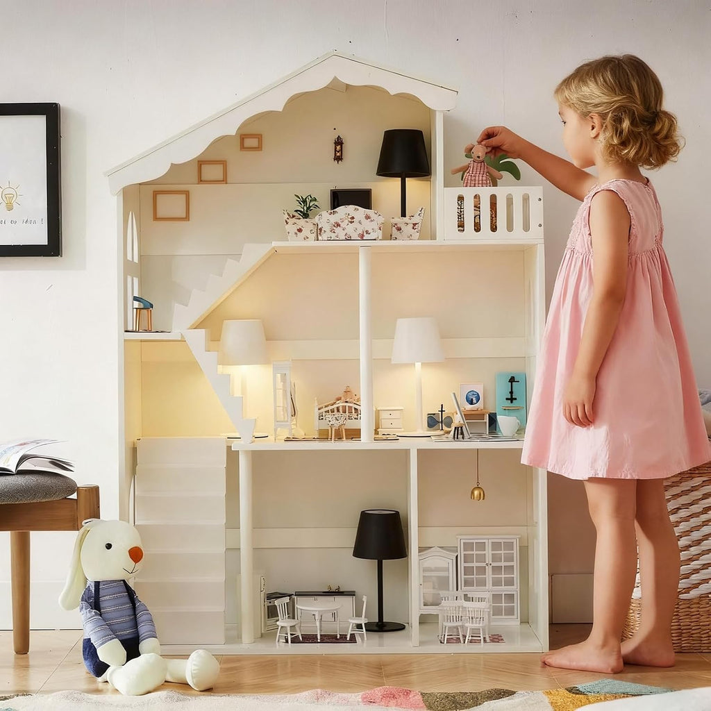 Wooden Dollhouse Bookshelf 3-Tier Doll House Bookcase Kids Books Toys Dolls Storage Organizer Shelves for Children's Bedroom Playroom Kindergarten Nursery Gift for Boys Girls Ages 3-8 Years Old