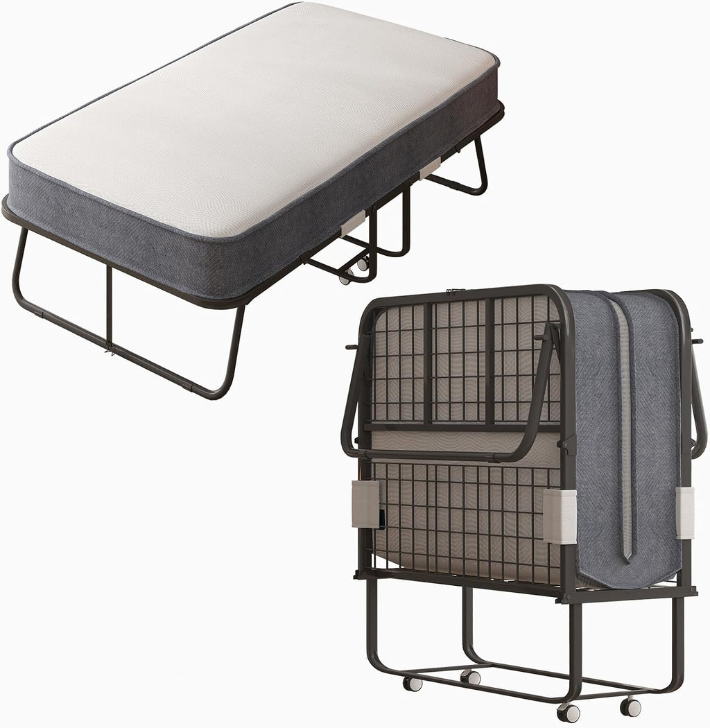PUREMIND Folding Bed with 4 Inches Mattress, Portable Rollaway Guest Beds for Adults with Metal Frame & Swivel Wheels, Twin Size Foldable Bed Fold Away Beds Space Saving