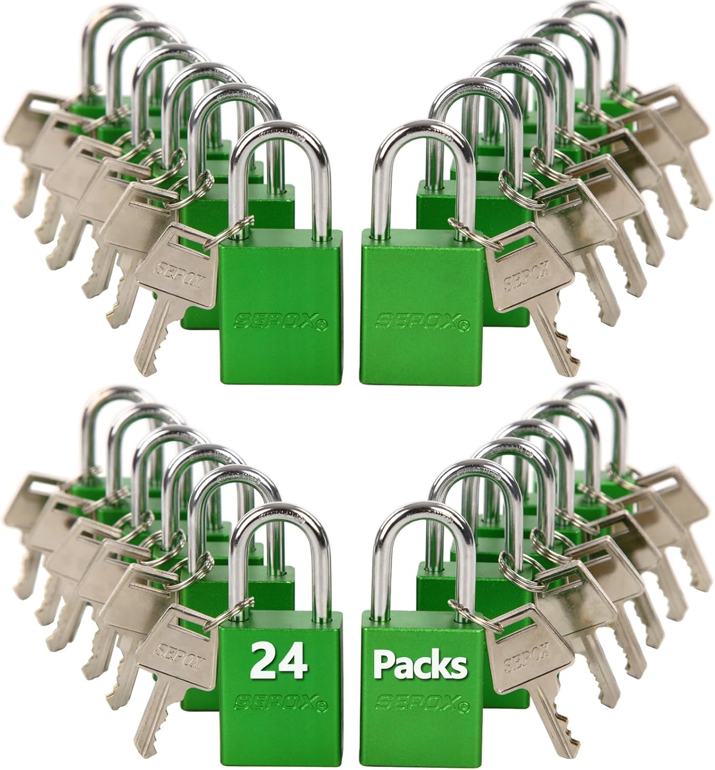 SEPOX® 24-Pack Green Padlocks, Keyed Different | Lightweight spark-proof aluminum, Long Shackle. 72 brass keys. High-security for LOTO, fence, locker, yard & lockout. Green.