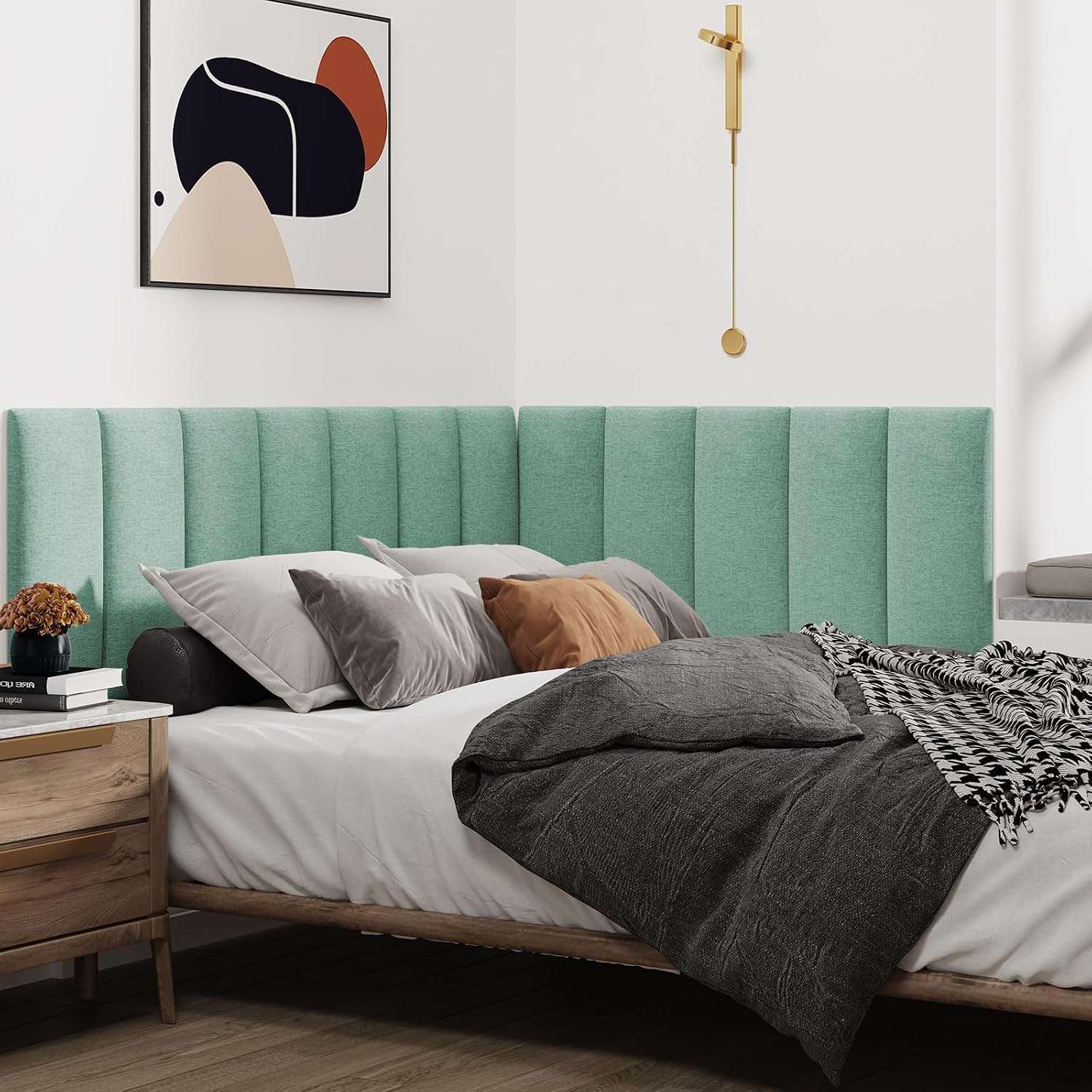 IFNOW Upholstered Wall Mounted Headboard, 3D Soundproof Wall Panels Peel and Stick for King Size, Reusable and Removable Tufted Bed Headboard in Grass Green (12 Panels, 10' x 24')