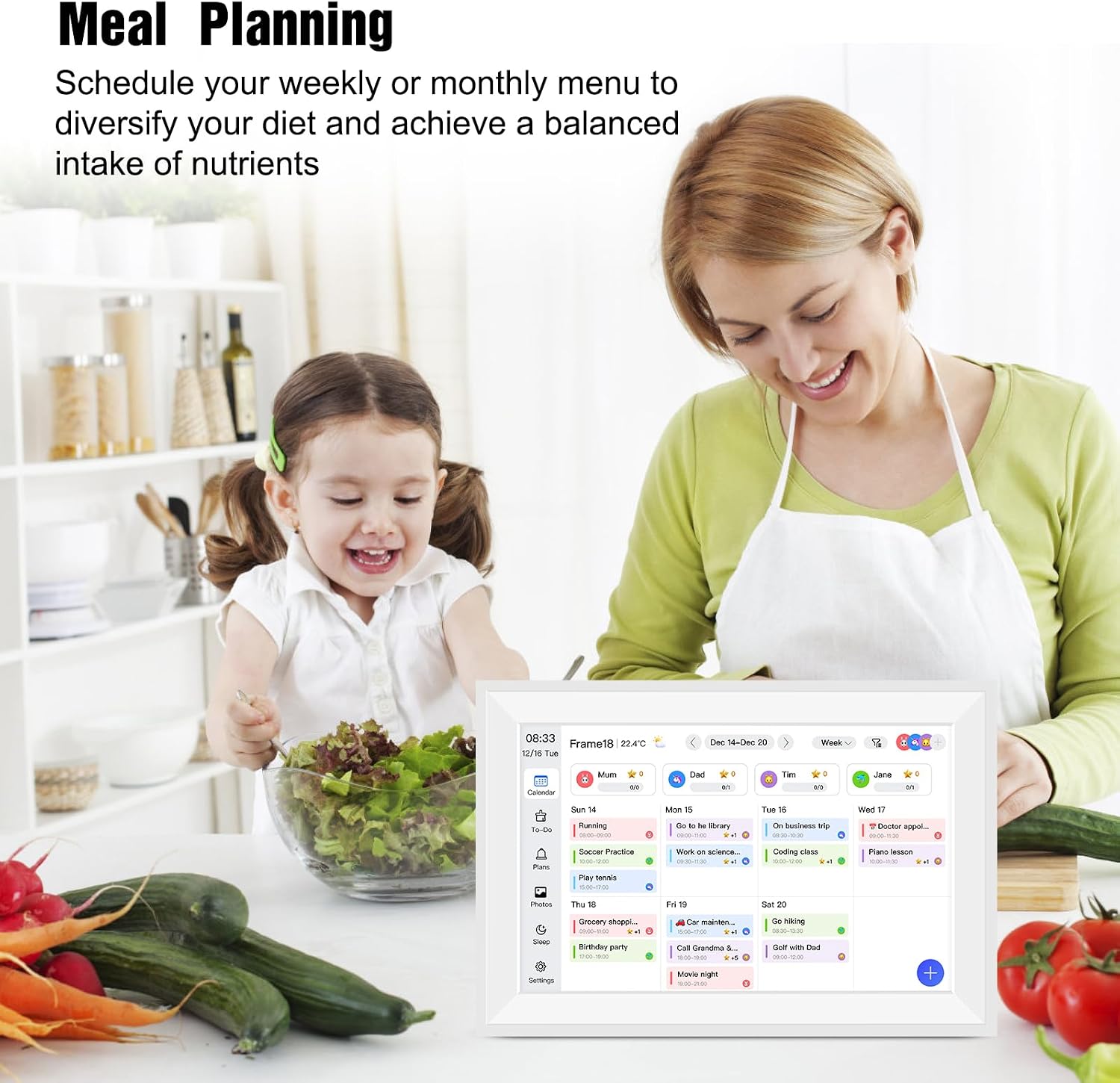 15.6' Smart Digital Wall Calendar Interactive Display for Family Schedules Wall Planner with Chore Charts Meal Planning Task Rewards 64GB Storage 1920x1080P IPS Touchscreen Digital Picture Frame White