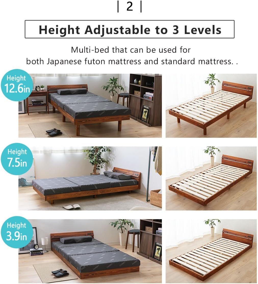 EMOOR Wood Slatted Bed Frame with Charging Station Twin for Japanese Futon Mattress (Earth-Natural), Height Adjustable (4/8/13in) Solid Pine Platform Bed