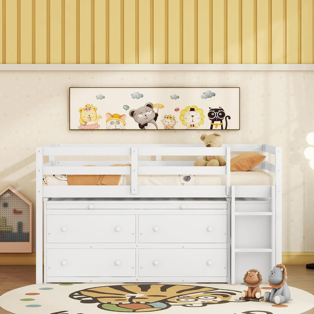 JIVOIT Twin Size Low Loft Bed with Retractable Writing Desk, Storage Bed with 4 Drawers and Shelves, Wooden Loft Bed with Lateral Portable Desk for Kids Teens Adults Bedroom (White,Twin,9)