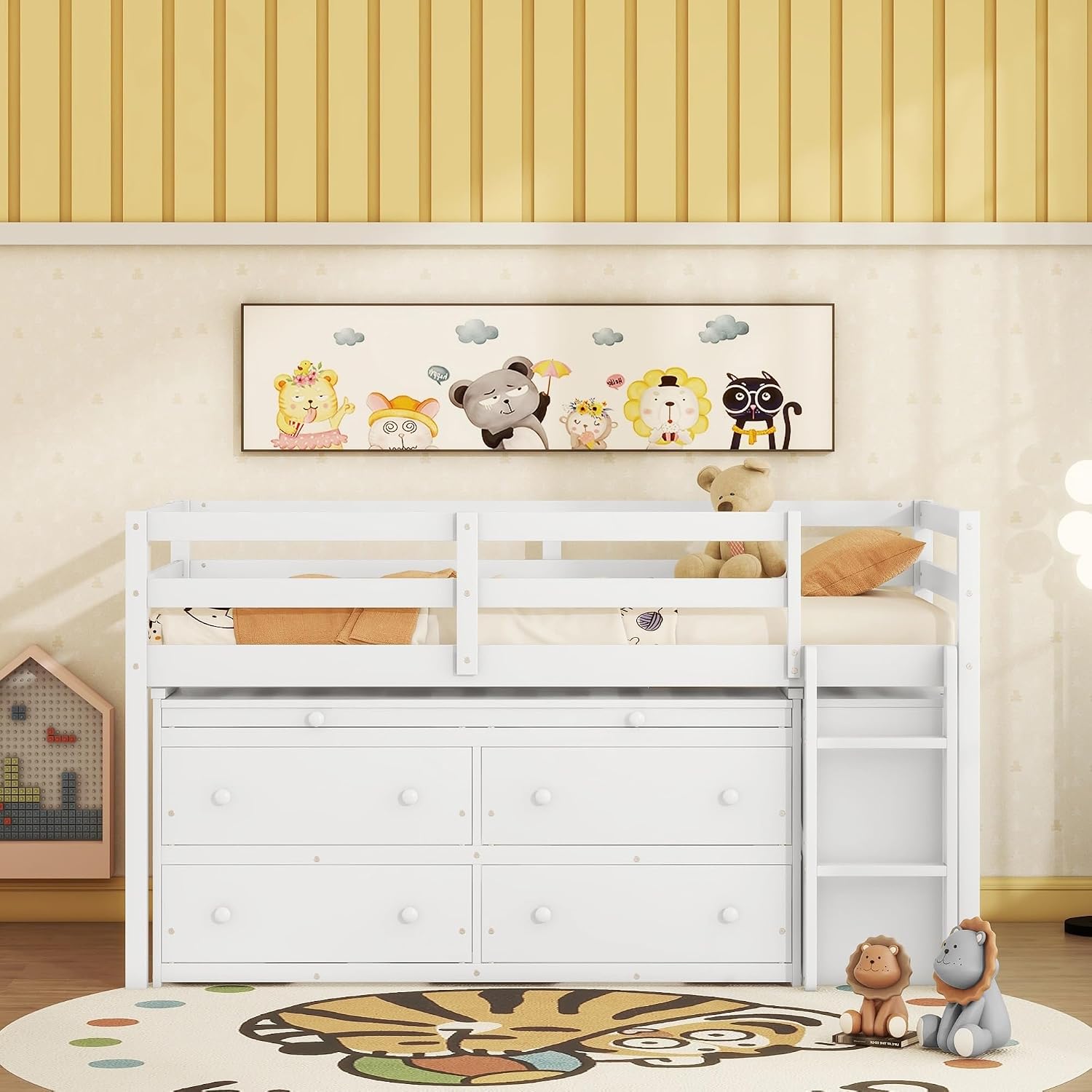 JIVOIT Twin Size Low Loft Bed with Retractable Writing Desk, Storage Bed with 4 Drawers and Shelves, Wooden Loft Bed with Lateral Portable Desk for Kids Teens Adults Bedroom (White,Twin,9)
