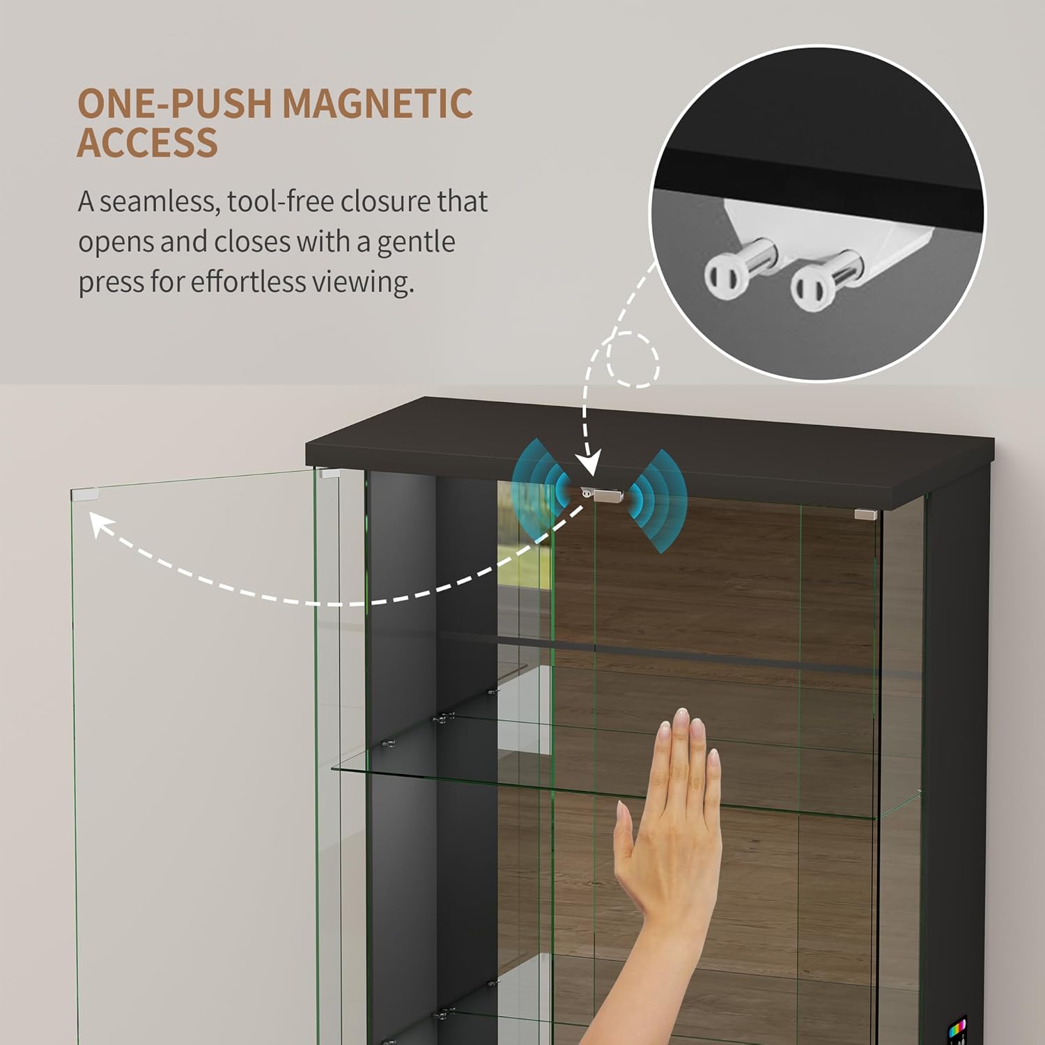 71'' Display Cabinet with Glass Doors,4-Tier Curio Black Cabinet with 3-Color Lights for Collectibles,Lockable Glass Display Case with Human Body Sensor,Tall Bookcase w/Shelves&Door Panel