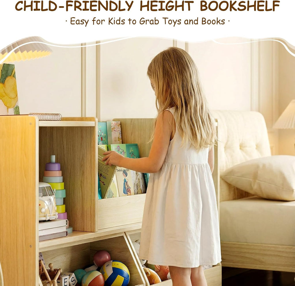 EXPERLAM Solid Wood Kids Bookshelf and Toy Storage Organizer, 3-in-1 Montessori Bookcase with Storage Cubbies and 2 Rolling Toy Bins, Toddler Bookshelf for Kids Room, Playroom, Nursery