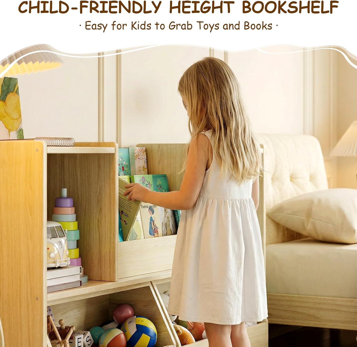 EXPERLAM Solid Wood Kids Bookshelf and Toy Storage Organizer, 3-in-1 Montessori Bookcase with Storage Cubbies and 2 Rolling Toy Bins, Toddler Bookshelf for Kids Room, Playroom, Nursery