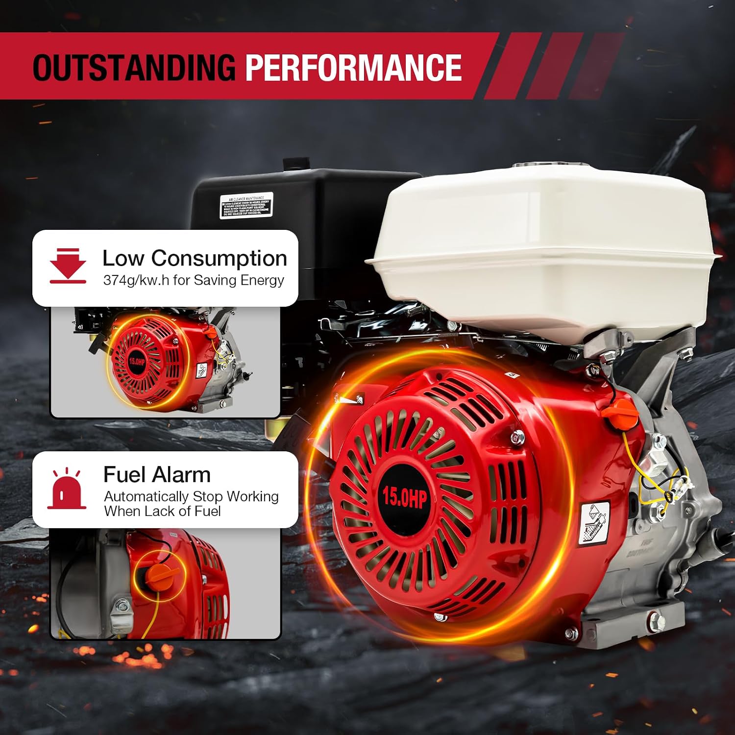 Gas Engine 15HP, 420CC Gas Powered 4 Stroke Multi-Use Engine Pull Start Air Cooled (15HP, 420CC, Red)