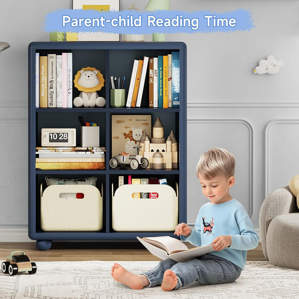 Kids Bookshelf, Large Wooden Bookcase with 6 Cube Storage, Girl Toy Storage Organizer Cabinet with Child Safe Paint&Thick Board, Boy Tall Book Shelves Nook for Office Playroom Living Room (Navy Blue)