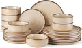 E-far 24-Piece Plates and Bowls Set, Stoneware Dinnerware Sets for 8, Reactive Glaze Ceramic Dinning Ware Dishes, Microwave & Dishwasher Safe - Sandy Beige