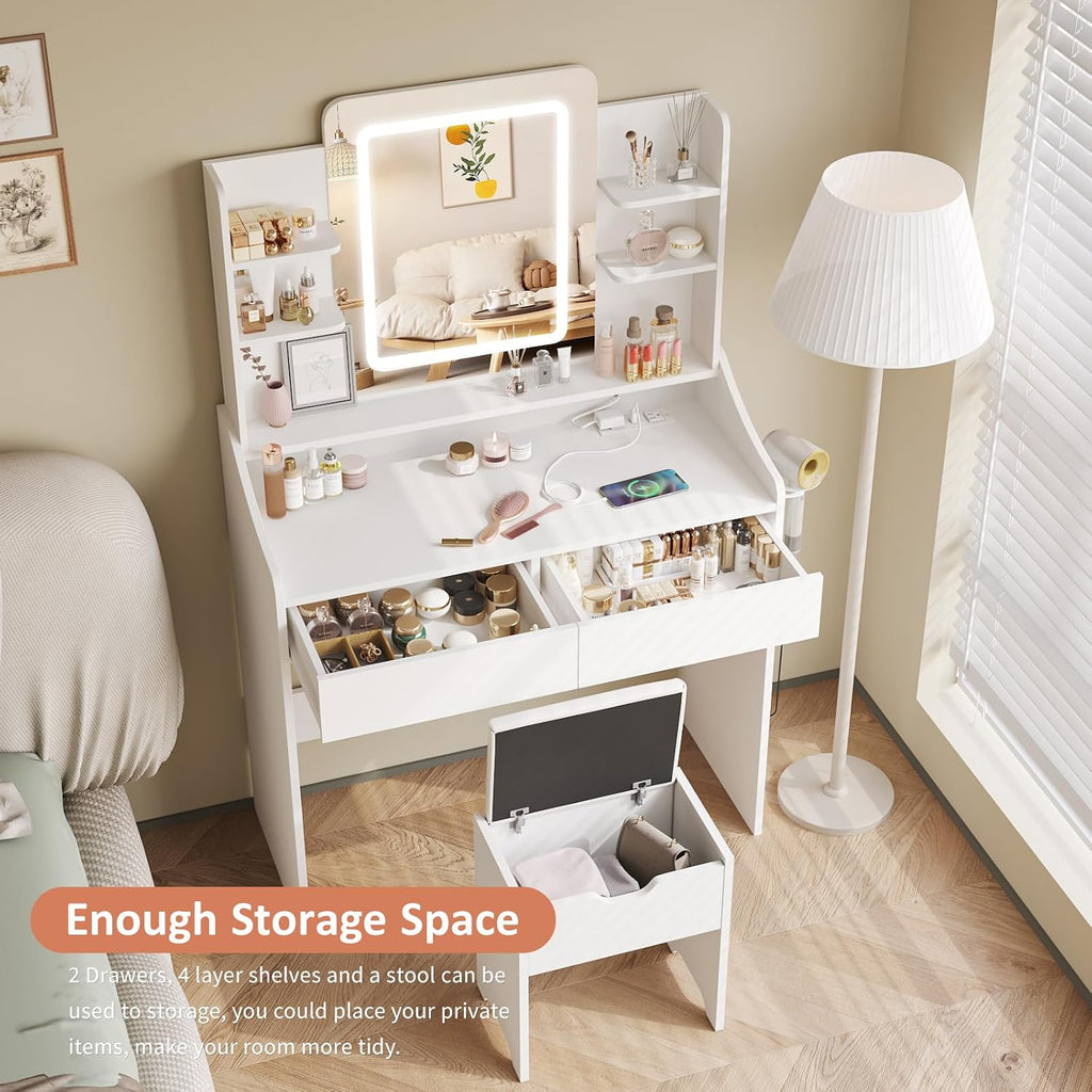 Vabches Vanity Desk with LED Mirror, Makeup Vanity with Power Outlet, 3 Lighting Modes Dressing Table with 2 Drawers & Hair Dryer Holder, for Bedroom Dressing Room, Women Girls White