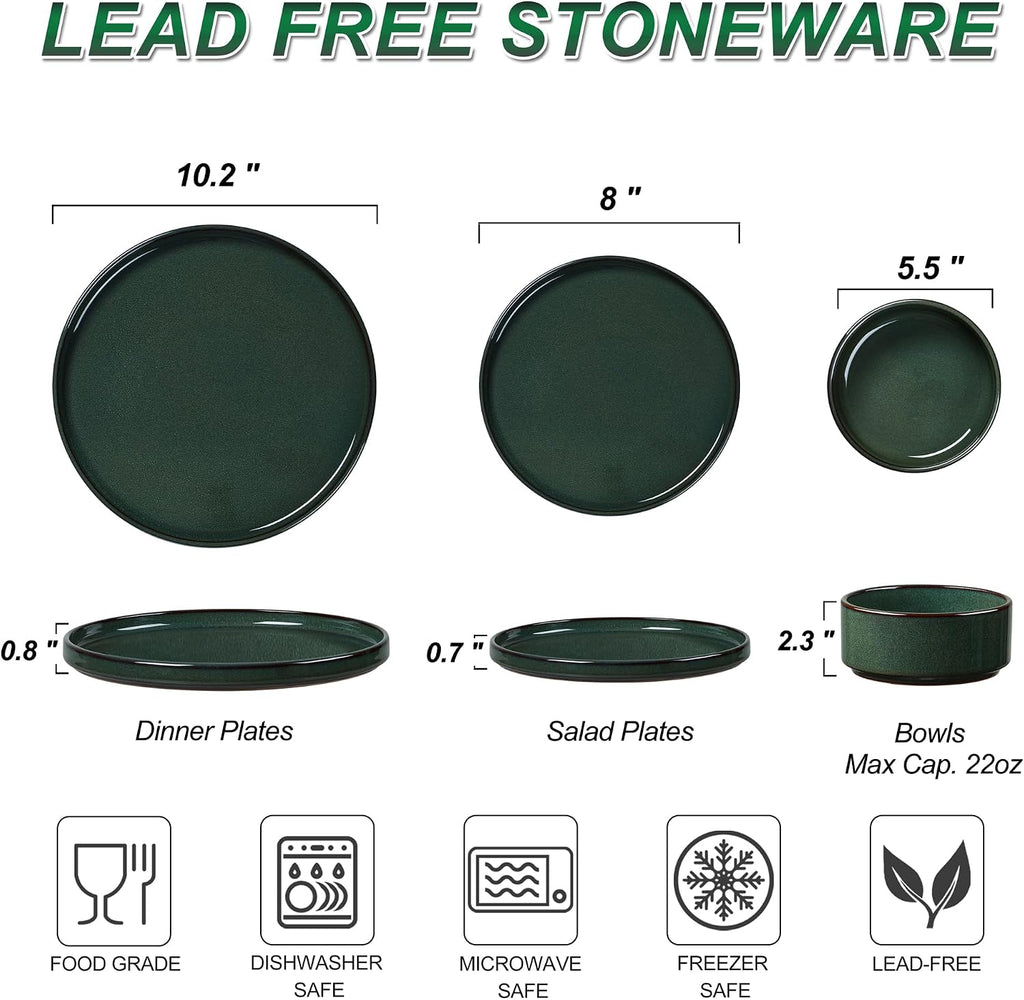 LIANYU Dinnerware Dishes Sets for 8, 24 Piece Stoneware Plates and Bowls Dishware Set, Modern Tableware Includes Ceramic Dinner Salad Plates, Cereal Bowls, Chip & Scratch Resistant, Hunter Green