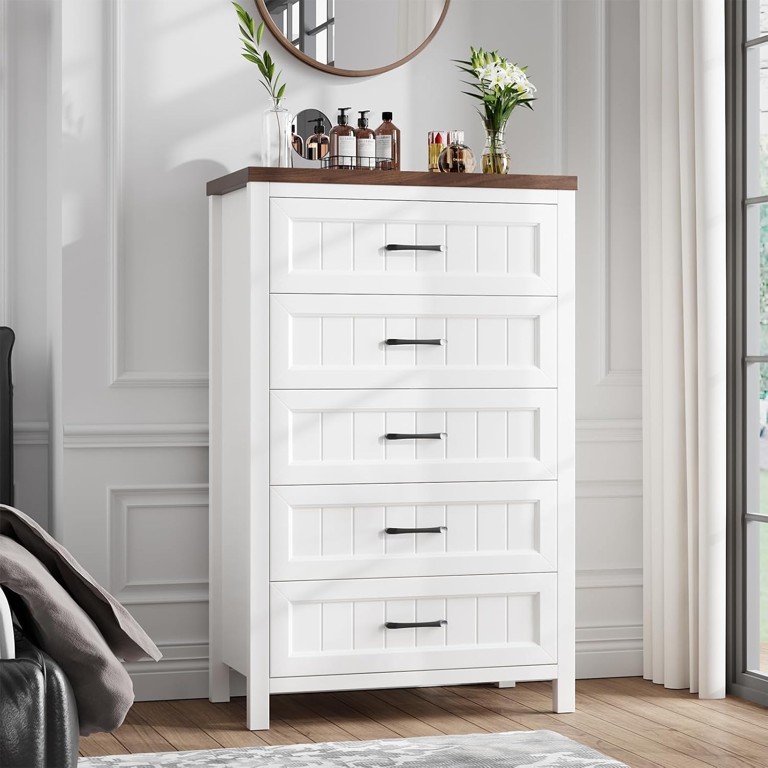 Jocoevol 5 Drawer Dresser for Bedroom - Farmhouse 44.9' Tall Chest of Dresser with Large Storage, Rubst Wood Construction for Living Room, Hallway & Entryway - White (White & Brown)