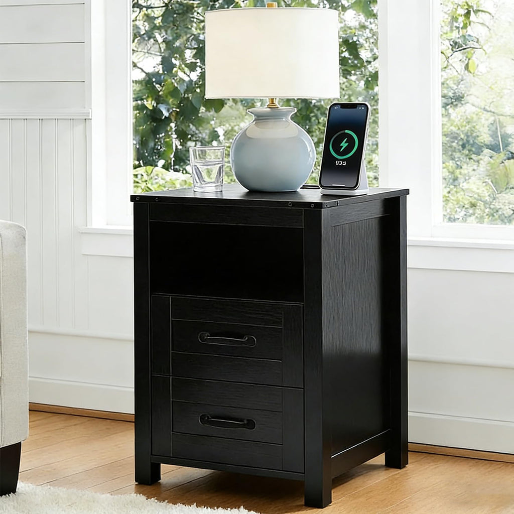 Farmhouse Night Stand Set of 2, Rustic Black Nightstand for Bedroom, End Tables with Charging Station, Bedside Table with Drawers, Wood Bedside Cabinet Dresser