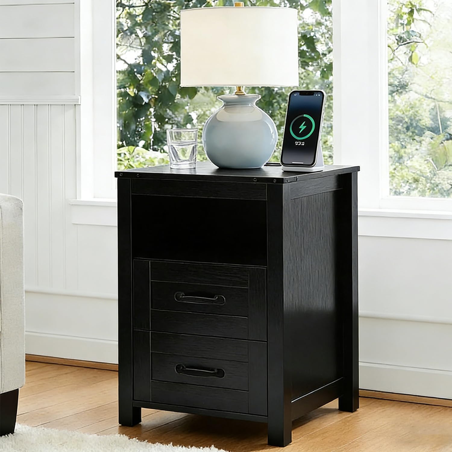Farmhouse Night Stand Set of 2, Rustic Black Nightstand for Bedroom, End Tables with Charging Station, Bedside Table with Drawers, Wood Bedside Cabinet Dresser
