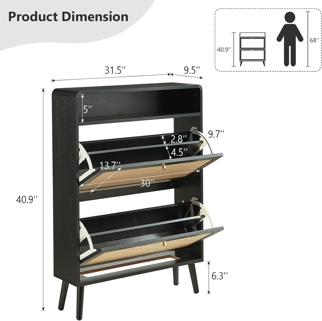 Shoe Storage Cabinet with 2 Flip Drawer Natural Rattan Shoe Cabinet Organizer Freestanding Wooden Shoe Rack Storage Cabinet with Metal Legs for Entryway Hallway Bedroom Mudroom(Black)