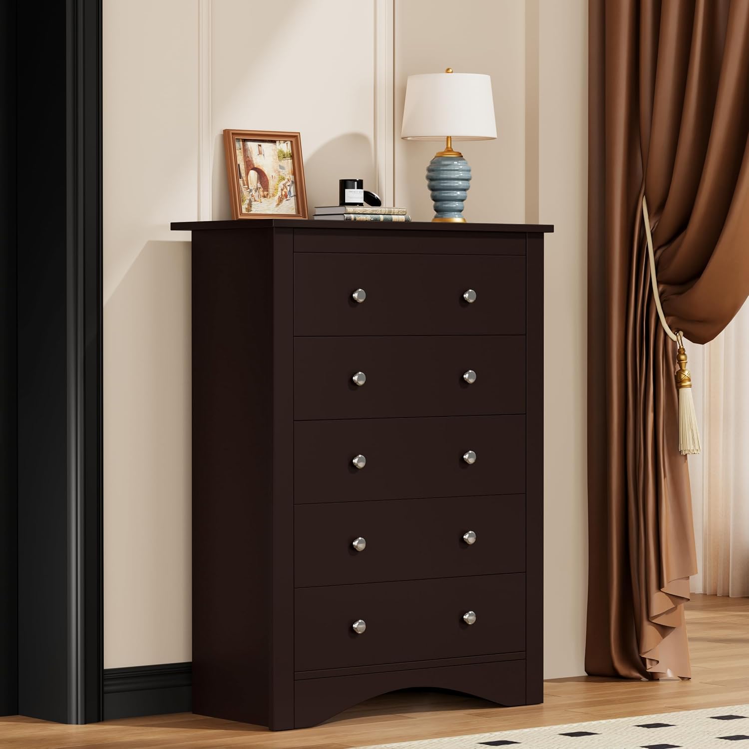 YESHOMY Tall Dresser for Bedroom with 5 Drawers, Modern Chest of Drawers, Wooden Dressers, TV Stand for Living Room,Closet, Hallway (Brown)
