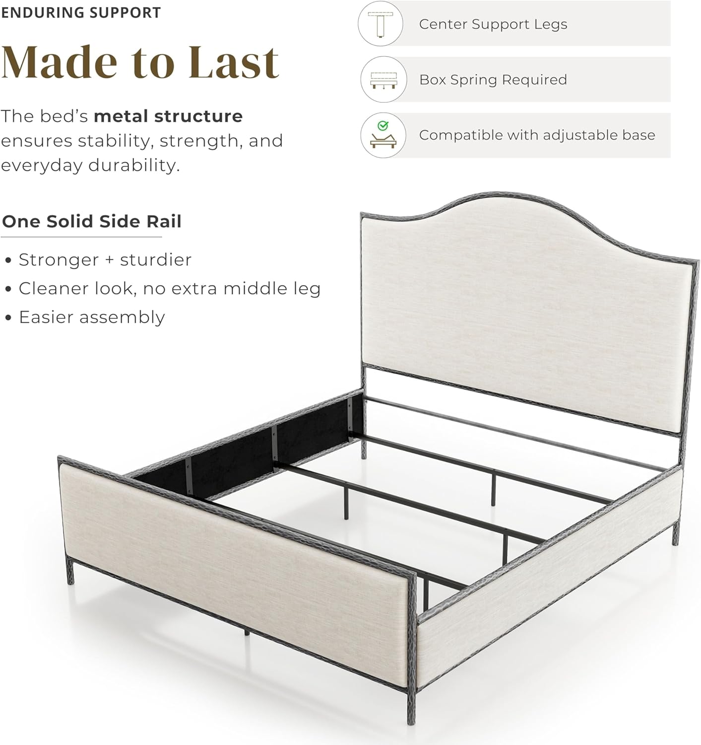 24/7 Shop at Home Lalia Hammered Metal 4-Piece Bedroom Collection, Upholstered Bed Frame with Camelback Headboard, Forged Steel, Bench and Curved Nightstands, Foundation Required, Full, Matte Grey