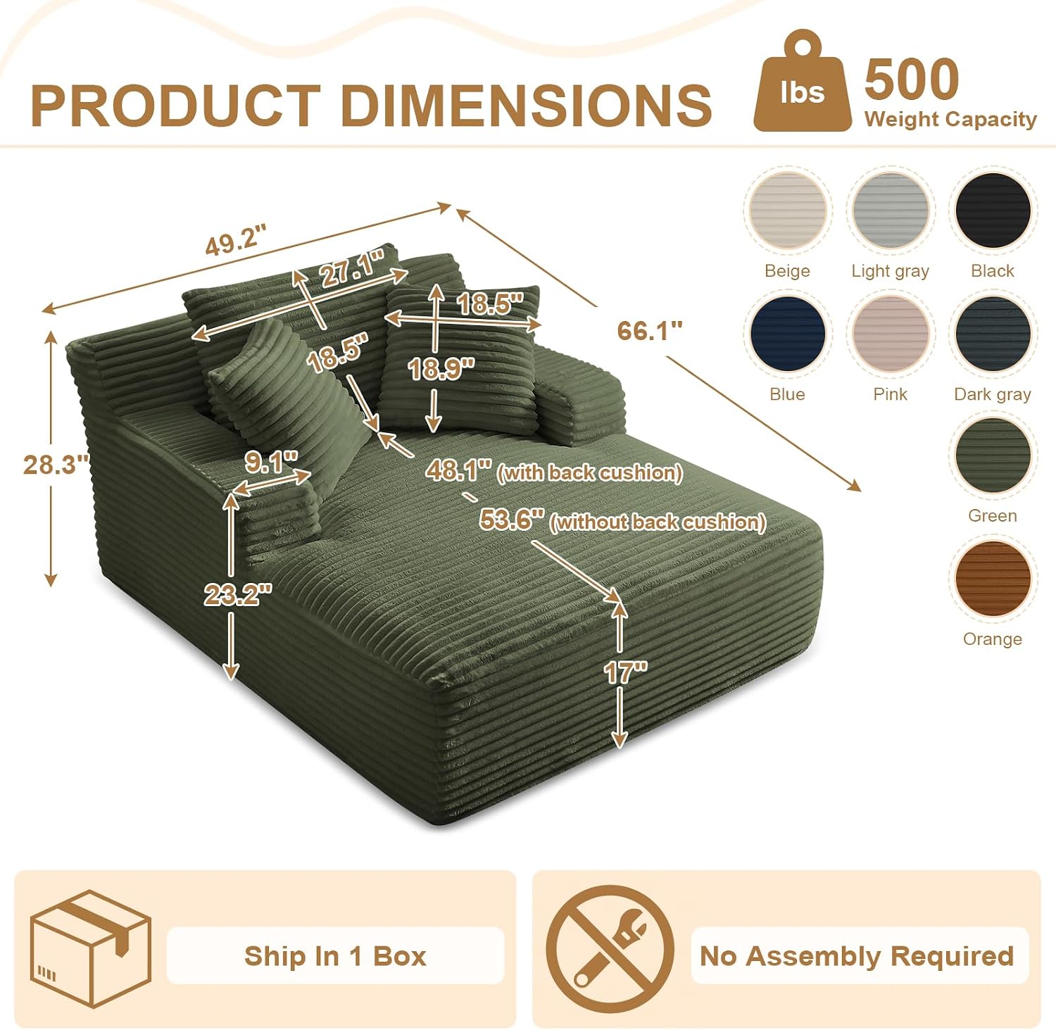 Oversized Chaise Lounge Chair Indoor, 66' Cloud Boneless Sleeper Couch Corduroy Upholstered Sofa Bed Deep Seat Comfy Reading Chair with 3 Pillows for Living Room Bedroom, Green