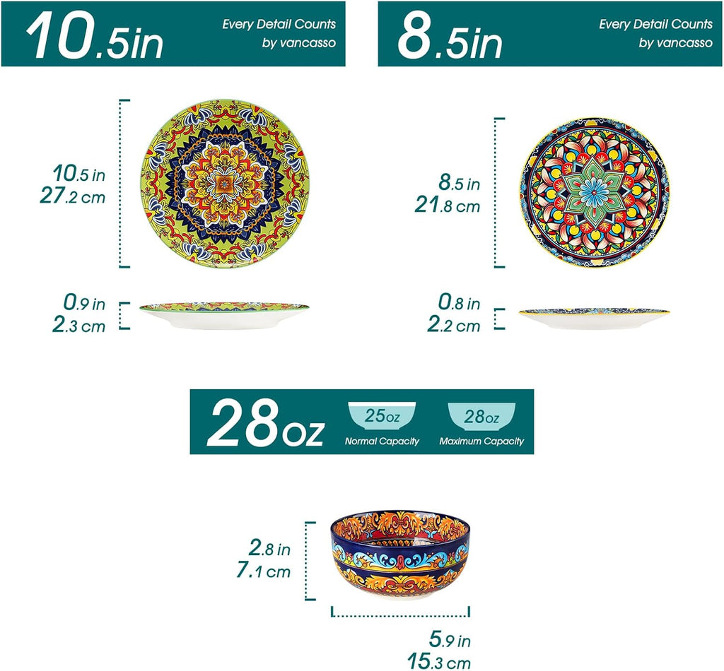 vancasso 18-Piece Dinnerware Sets,Ceramic Plates and Bowls Sets Service for 6, Bohemian Style Porcelain Dishes Set for 6, Microwave and Dishwasher Safe, Scratch Resistant,Non Toxic, Series KRVI