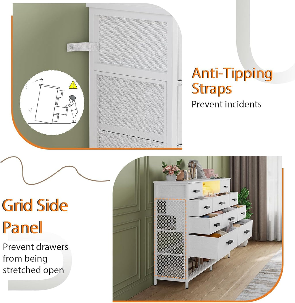 White Dresser for Bedroom, Fabric Chest of Drawers with Charging Station and LED Light, TV Stand Dresser with Shelves for 55' TV, 10 Drawers Dressers with PU Finish for Living Room, Closet