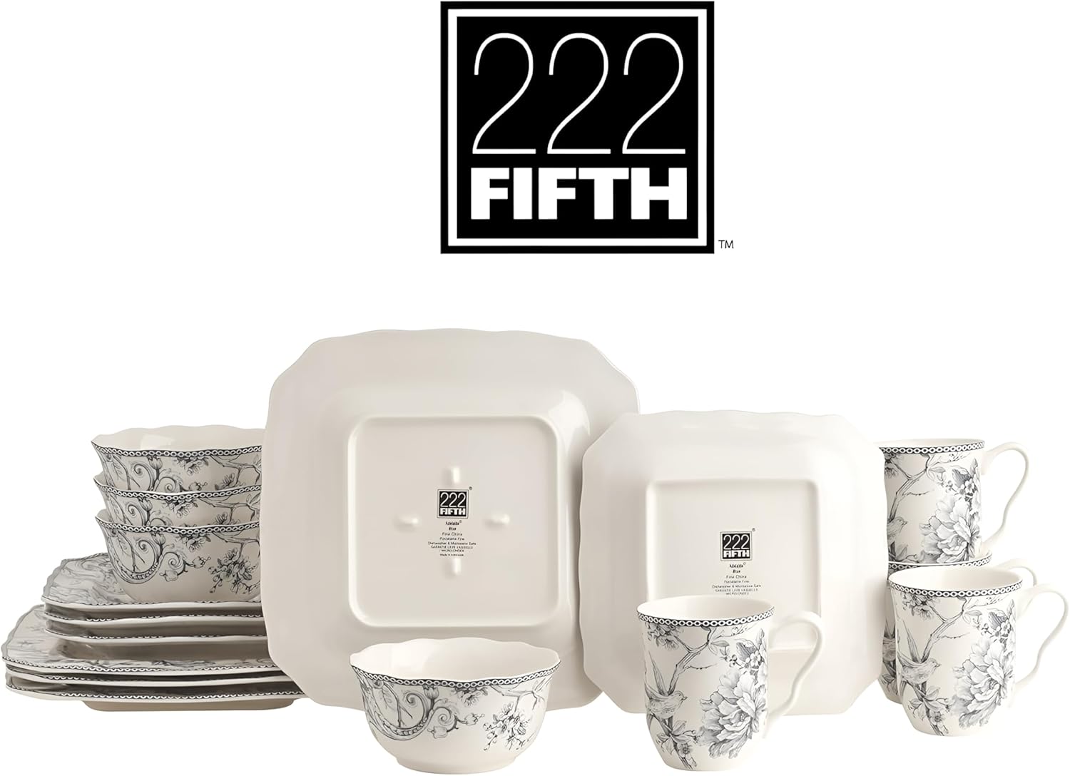 222 Fifth Adelaide Grey 16-Piece Floral Porcelain Dinnerware Set | Microwave and Dishwasher Safe Dining Set for 4 | Stackable and Chip-Resistant Plates Bowls and Cups | Gift for Housewarming & Wedding
