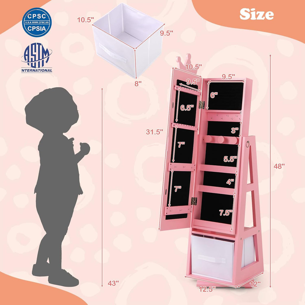HONEY JOY 2 Piece Kids Vanity Set & Jewelry Armoire Cabinet, Crown Wooden Makeup Table & Chair Set, Dress Up Jewelry Organizer w/Full-Length Mirror, Kids Bedroom Furniture for Girls Playroom (Pink)