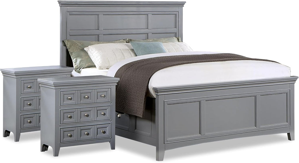 Furniture of America Zinnia Transitional Storage Wood 3-Piece Bedroom Set, Bed and 2 Nightstands, No Box Spring Required, Full-Size, Gray