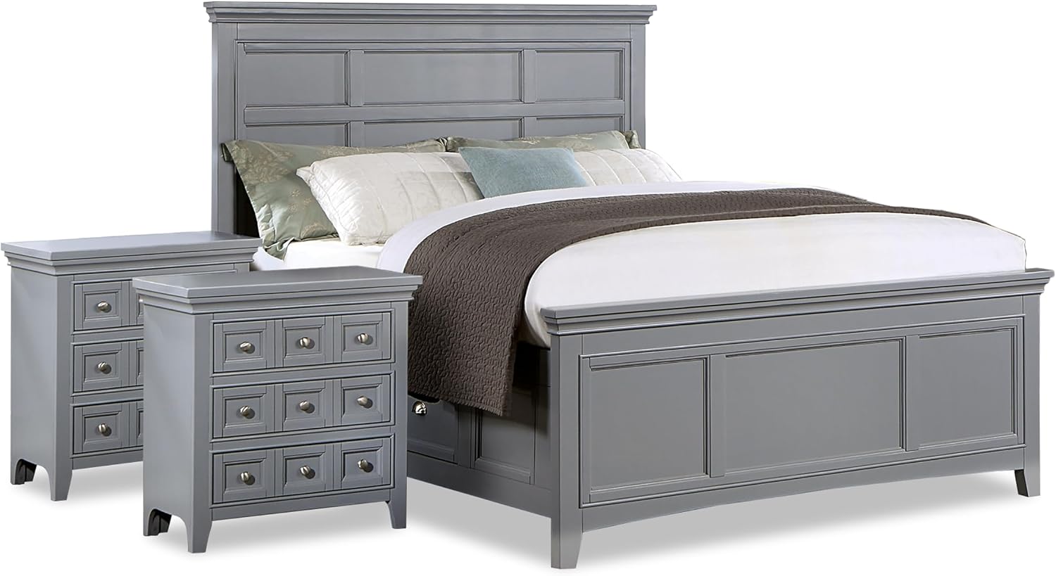 Furniture of America Zinnia Transitional Storage Wood 3-Piece Bedroom Set, Bed and 2 Nightstands, No Box Spring Required, Full-Size, Gray
