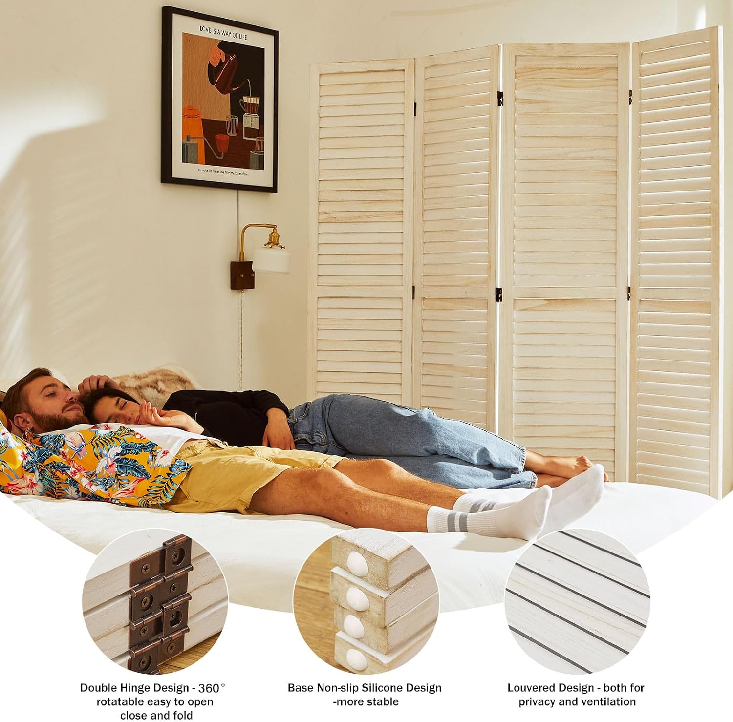 Room Dividers and Folding Privacy Screens, Wood Louvered Separators Divider Wall for Home Office Bedroom - 4 Panels, 67 * 60inch (White-Washed)