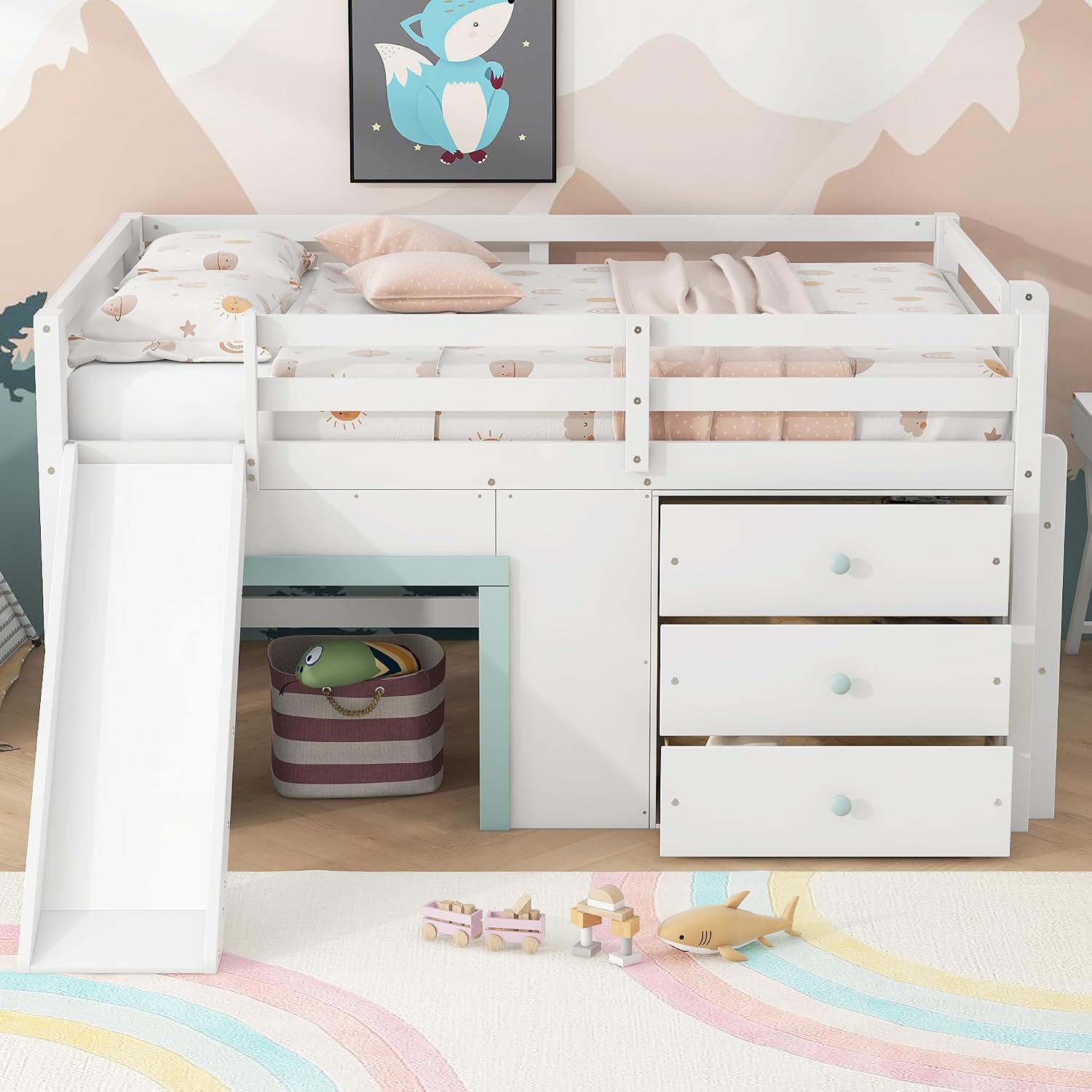 JIVOIT Wooden Low Loft Bed with Slide, Full Size Loft Bed with Three Storage Drawers and Two Doors, Wood Slat Support, No Box Spring Required