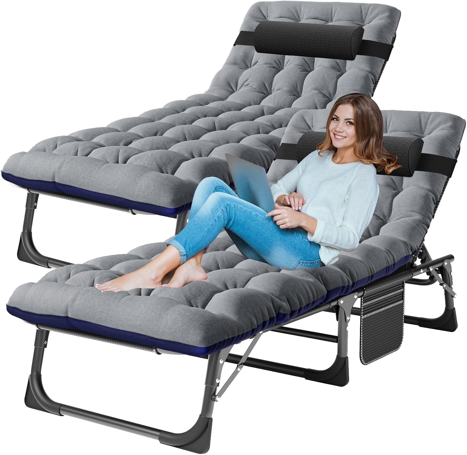LILYPELLE Folding Outside Chaise Lounge Chair with Mattress, 5 Position Adjustable Patio Folding Lounge Chair Reclining Chairs Perfect for Sunbathing, Camping, Pool, Beach, Patio