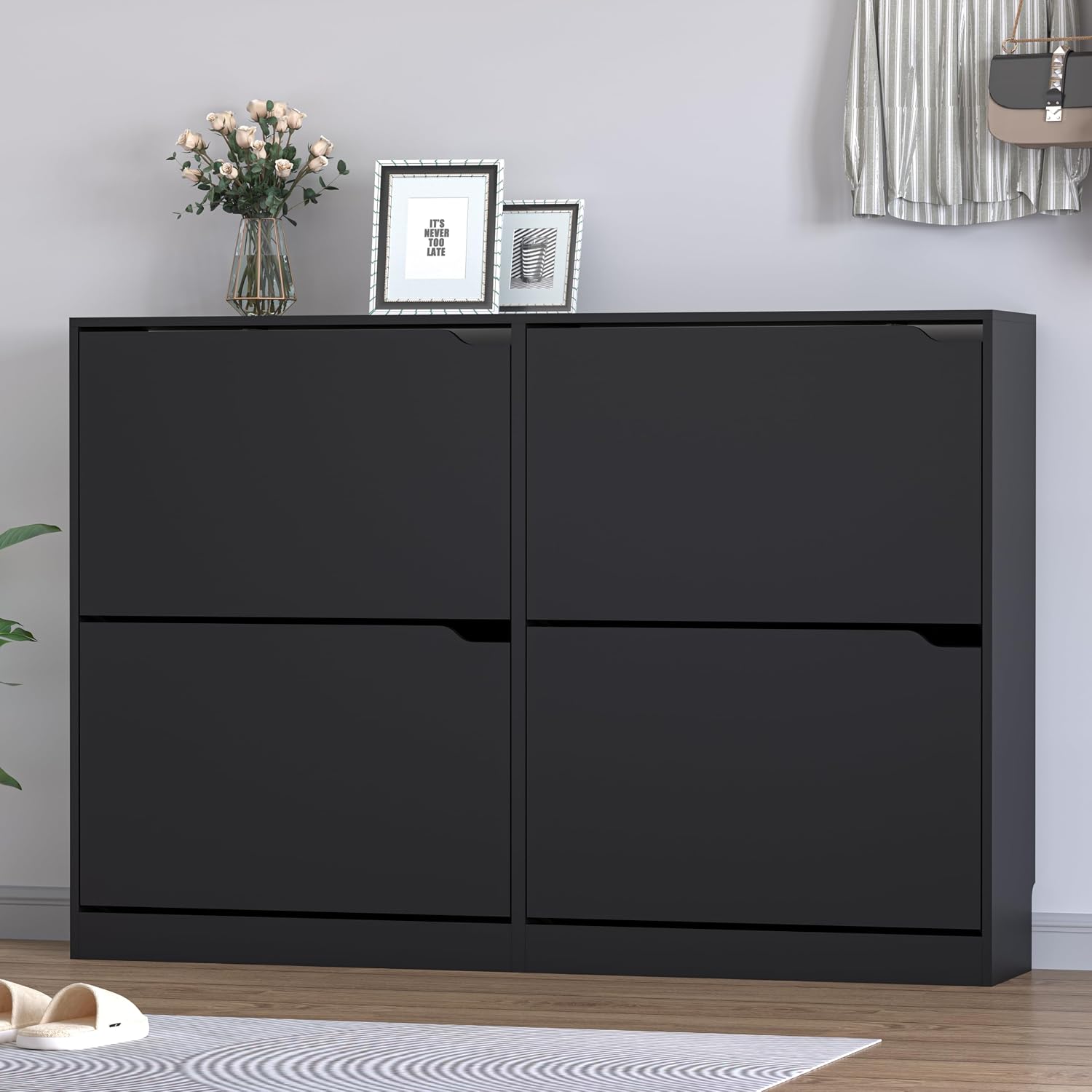 BORNOON Shoe Cabinet with 4 Flip Drawers, Narrow Hidden Shoe Storage Cabinet, Slim Freestanding Shoe Rack Organizer for Entryway, Hallway, Bedroom, Living Room