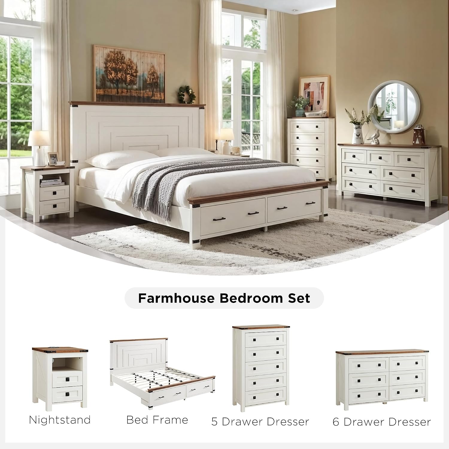 T4TREAM Farmhouse 5 Drawers Dresser Chests for Bedroom, Wood Rustic Tall Chest of Drawers, Dressers Organizer for Bedroom, Living Room, Hallway, Antique White